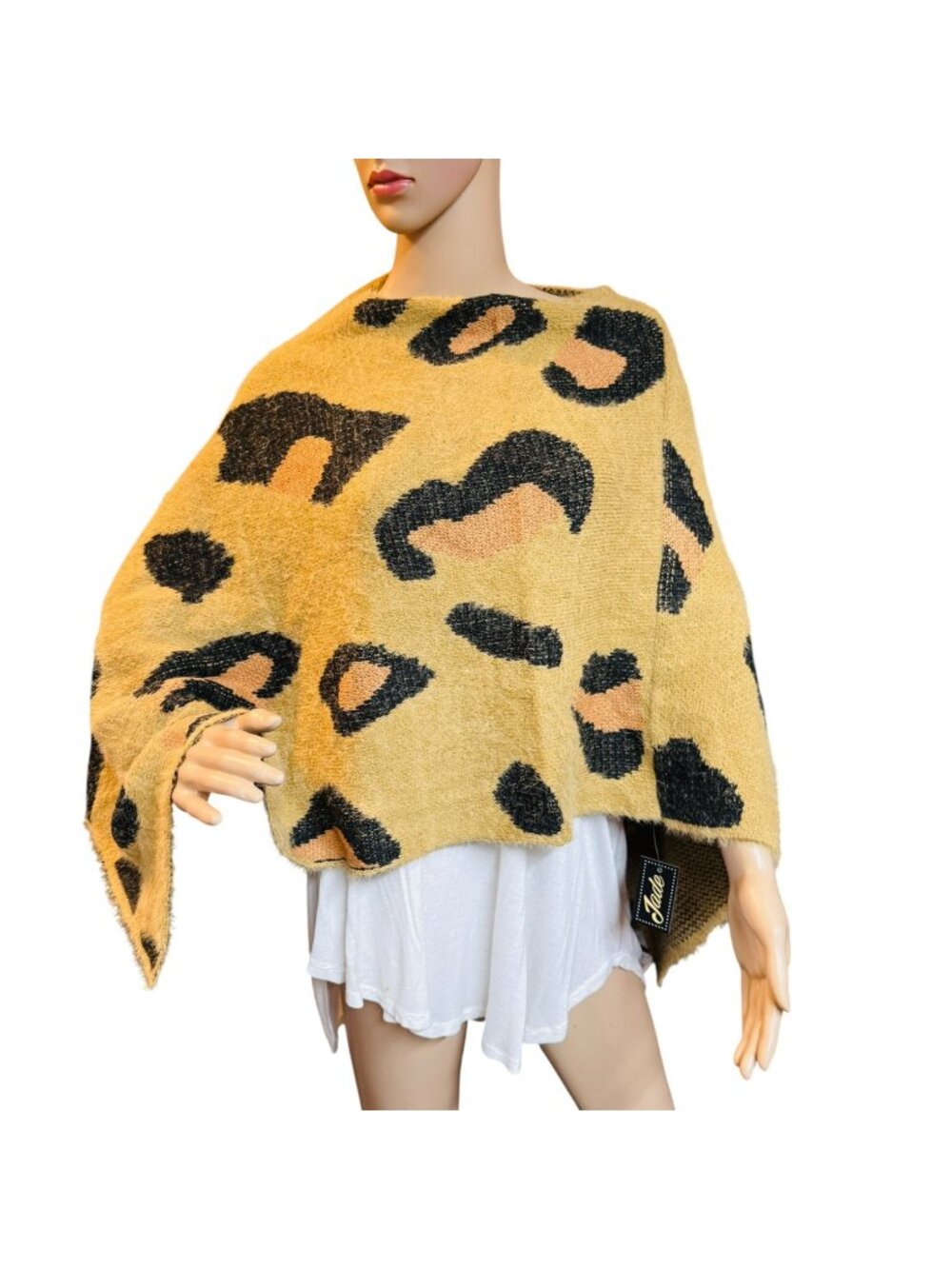 Leopard Print Knit Poncho Yellow & Black Womens One Size Jade Brand